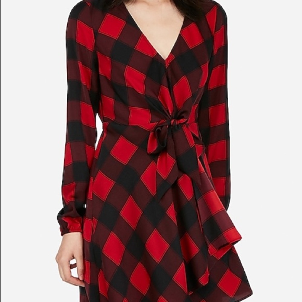 Express plaid knotted front faux wrap dress